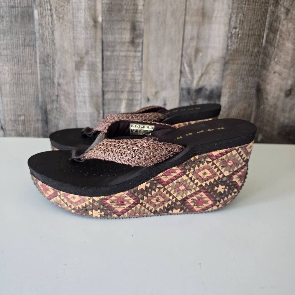 Roper Southwestern Aztec Tribal Woven Platform Wedge Flip Flops Sandals 6 Summer